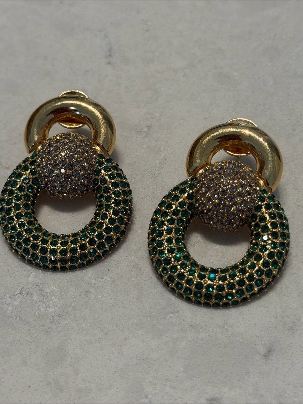 Oscar de la Renta Gold-Tone Green Crystal Hoop Drop Earrings
